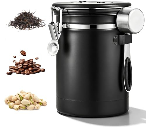 Kaffeedose Luftdicht, 2,8 L Kaffeebohnenbehälter Vakuum, Kaffeebohnen Behälter mit CO2-Ventil und Messlöffel, Luftdichte Edelstahl Kaffeedose mit Datumsanzeige für Kaffeebohnen Tee Zucker (Schwarz)
