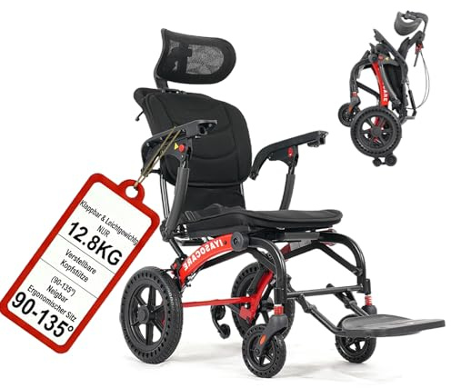 Rollstuhl Faltbar Leicht Mit Ergonomischem Sitz, 95-135° Lehnlager-Stuhl für Senioren und Erwachsene Rollstühle mit Verstellbarer Kopfstütze,Tragbarer,Kompakter Reiserollstuhl,Gewicht 13kg Wheelchair