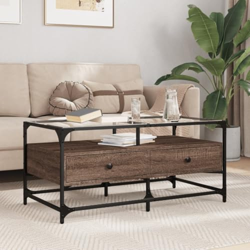 Yisssmeng Couchtisch Glasplatte 98,5x50x45 cm Braun Eiche Optik & Edelstahl Beistelltisch klein Wohnzimmertisch Modern für Living Room & Schlafzimmer