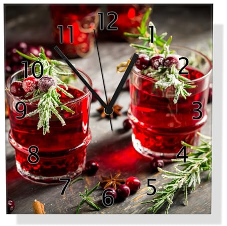 Wallario Design-Wanduhr Winterlicher Cranberry-Punsch mit Rosmarin aus Glas, Motiv-Uhr Größe 30 x 30 cm, Schwarze Zeiger