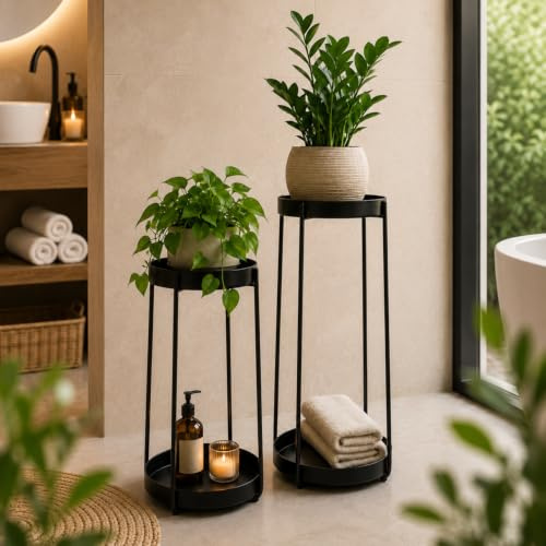 INtrenDU Pflanzenständer Metall 2er Set Schwarz – je 2 Ebenen, 58 + 46 cm