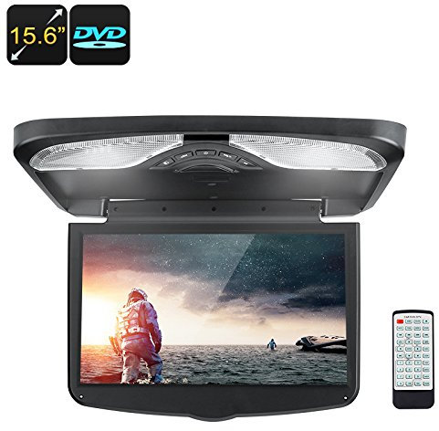 Monitor da tetto da 15,6 pollici, lettore DVD per auto con 1366 x 768p, AV, USB, SD, DVD gratuito, trasmettitore FM, altoparlante integrato, supporto per giochi a 32 bit