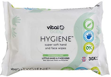 vital baby HYGIENE Super Soft Hand and Face Wipes, 30 Pack, Gentle Cleansing Wipes, Fragrance Free, Hypoallergenic, Alcohol Free, 443937,30 Count (Pack of 1)