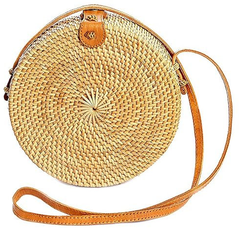 Rattan-Taschen für Damen – Handgefertigte Weidengeflecht gewebte Geldbörse Handtasche Kreis Boho Tasche Bali, Braun Medium