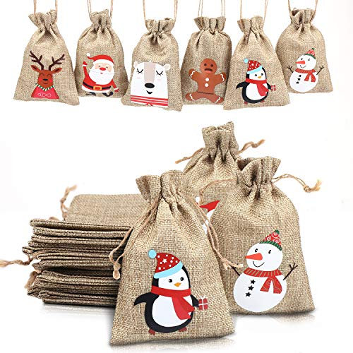 LOKIPA Christmas Jute Burlap Bags,12 pcs Xmas Jute Linen Burlap Drawstring Gift Treat Candy Bag for Xmas Favors