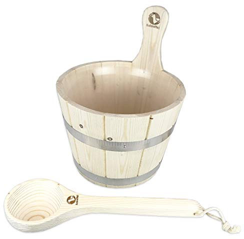 Saunawilli - Cubo para sauna (madera de conífera, 5,0 L, incluye dos neumáticos de acero y plástico y cucharón de espuma)