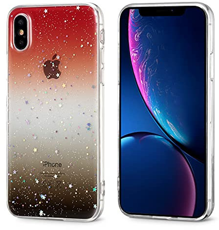 ZCDAYE Case for iPhone XR Cover, Transparent Gradient Phone Case with Glitter Sequins Soft TPU Thin Light Shockproof Protective Case for iPhone XR-Red&Black