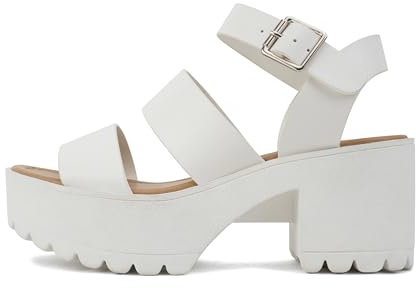 Soda ACCOUNT ~ Women Open Toe Two Bands Lug sole Fashion Block Heel Sandals with Adjustable Ankle Strap (White, numeric_10)