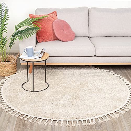 FRAAI | Home & Living Teppich Hochflor Rund - Lofty Fringe Creme Weiß - Einfarbig - Modern, Skandinavisch - Wohnzimmer, Esszimmer, Schlafzimmer - Fellteppich - Carpet