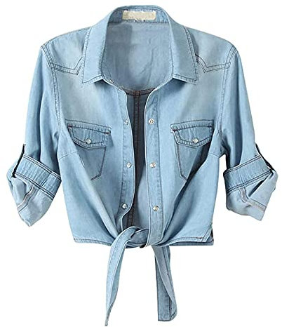 Long Sleeve Shirts for Women Denim Shirt Jacket for Women Self Tie Knot Front 3/4 Sleeve Crop Tops Button-Down Casual Top Blouse Outerwear Blue