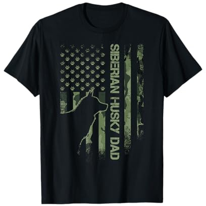 Vintage USA Camo Flagge Proud Sibirian Husky Dad Silhouette T-Shirt