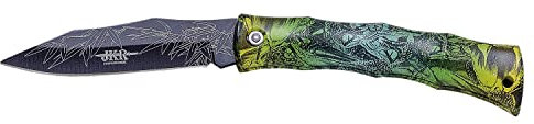 iFIELD Nueva Navaja JKR625, Navaja sin bloqueo con Hoja de 8 cm de Acero Inox Pavonada, Mango Decorado ABS de 9,5 cm, Largo total de la navaja de 17,5 cm.