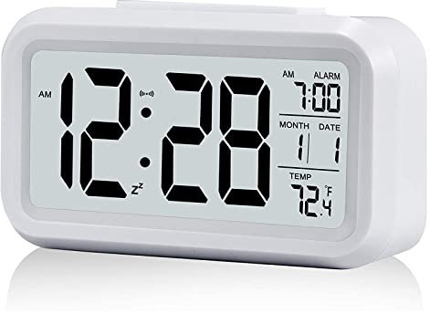 EILBN Bedside Digital Alarm Clock, Battery Powered Table Clocks Luminous Large Display Alarm Clocks Bedside, Date Calendar Temperature, 12/24 Hr, Snooze Digital Clock for Bedroom Home Office Travel