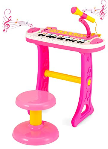 DREAMADE Jouet Piano Electronique à 31 Touches avec Tabouret, Équipé de Microphone et Lumières, 8 Tonalités et 8 Rythmes, Volume Réglable, 2 Modes d’Alimentation (Rose1)