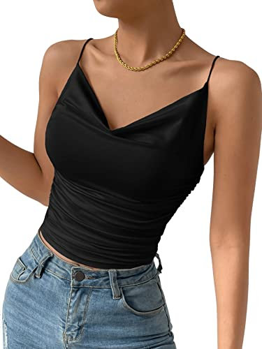 GORGLITTER Damen Cami Top Sexy Drapiertes Top Elegantes Oberteil Ärmellos Crop Tops Damen Mit Rüschen Schwarz L