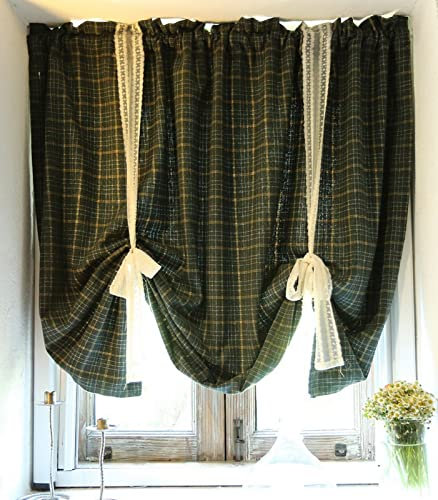 A.Monamour Gardine Scheibengardinen Kurzstores Raffrollo Undurchsichtiger Dunkelgrün Karierter Mit Spitze Kurzvorhang Kurzgardinen Küchengardine Küche Vorhang Fenster Kurz Stores Bistrogardine