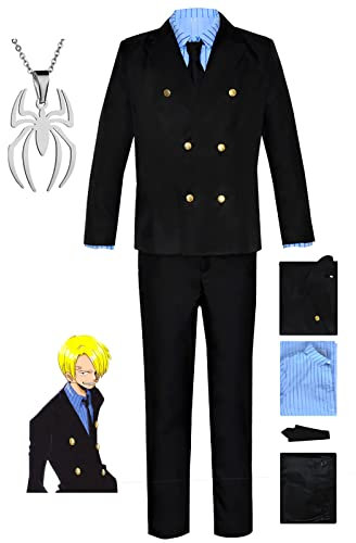 Anime ONE PIECE Vinsmoke Sanji Cosplay Kostüm Outfits Uniform Anzug mit Halskette Kostüm für Erwachsene Geeignet für Bühnenspiele, Geschenke, Cosplay-Liebhaber, Comics Expo (Schwarz, M)
