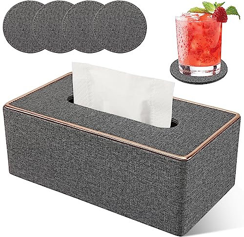 LADSTAG Taschentuchbox Taschentuchspender Kosmetiktücher Box aus PU Leder, Taschentücher Box Tissue Cover Tücherbox Rechteckige 25×13,5×9,5 cm, Lieferung mit 4 Untersetzern als Geschenk(Grau)