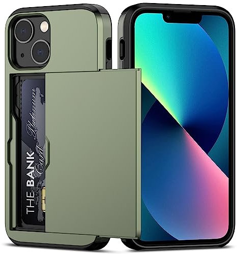 Nvollnoe for iPhone 13 Mini Case with Card Holder Heavy Duty Protective Dual Layer Shockproof Hidden Card Slot Slim Wallet Case for iPhone 13 Mini for Men&Women(Green)