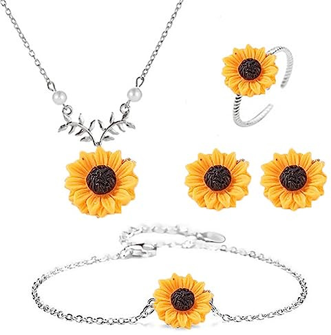 Cubahop Sonnenblume Anhänger Halsketten Armbänder Ohrringe Ringe Set Silberschmuck für Frauen und Mädchen