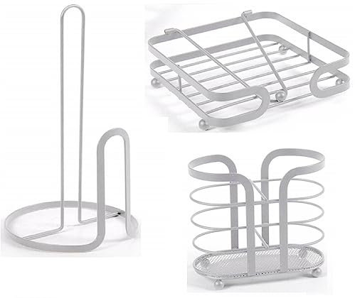 EDITACASA - Set 3 Pezzi: Porta Bicchieri, Tovaglioli e Rotolo - Kit in Metallo Stile Moderno Bianco