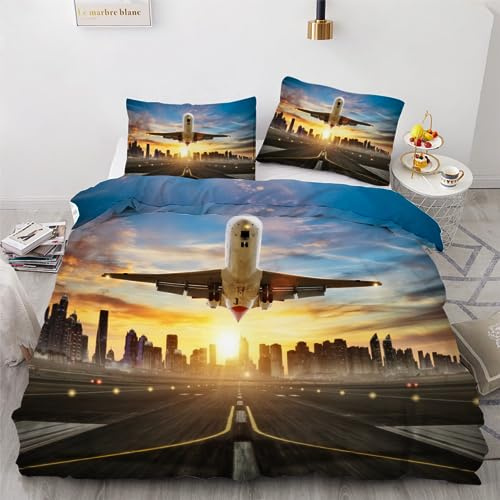 ROUSKI Bettwäsche Flugzeug 135x200 cm 2teilig 100% Mikrofaser Kinderbettwäsche Sonnenuntergang Flugzeug Bettbezug mit Reißverschluss 3D Motiv Zimmer Dekor Bettwäsche-Sets mit Kissenbezüge 80x80