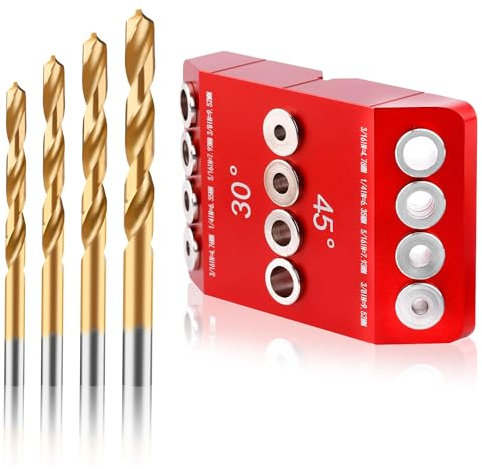 Drill Hole Guide Jig Set, 30 45 90 Degree Angle Pocket Hole Jig Including 4 Sizes Drill Bits Drilling Tool Fixture Kit for Horizontal Cable Wooden Columns, Stair Wire Handrails