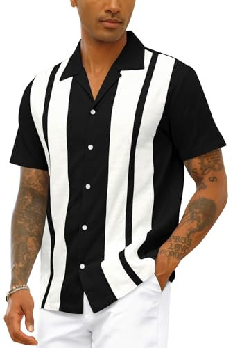 Mens Vintage Bowling Shirt Cotton Linen Beach Shirts Short Sleeve Striped Button Down Summer Tops Hawaiian Shirts Black L