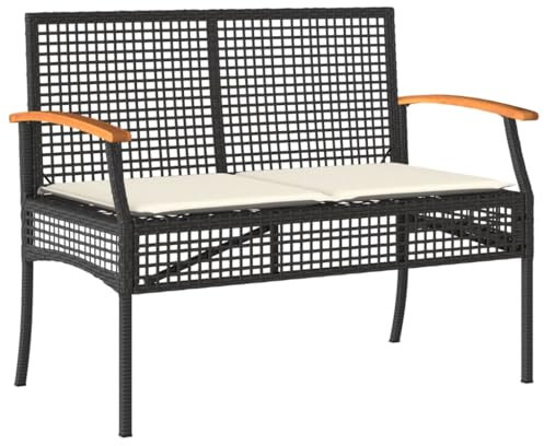 vidaXL Gartenbank, Sitzbank mit Kissen, Parkbank Stahlrahmen, Gartenmöbel Outdoor Bank Rattanmöbel, Schwarz Poly Rattan Akazienholz