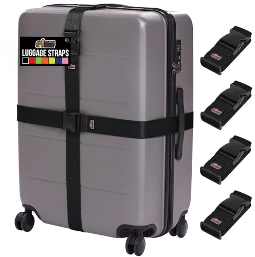GORILLA GRIP Heavy Duty 4 Pack Adjustable Luggage Straps for Suitcases, Easy to Identify Travel Belt Connector Holds Suitcase Together, Extends Life of Bag, Strap Connects Two Bags, Accessories, Black