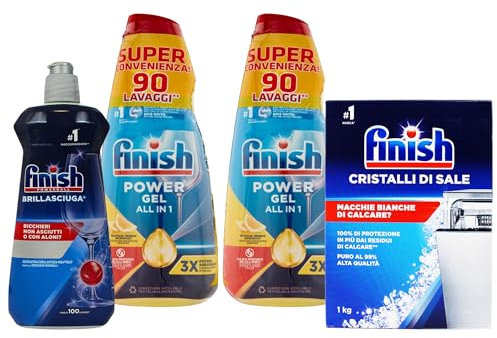 Set Per La Lavastoviglie: 2x Finish Power Gel Lemon, Gel Lavastoviglie (Confezione Da 3 x 600ml) + Finish Brillantante Lavastoviglie 500 ml + Finish Cristalli di Sale 1Kg