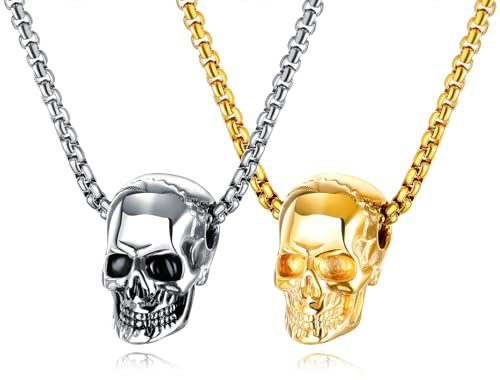 Kawailay 2 collane con teschio, stile retrò, con ciondolo a forma di teschio gotico, rock punk hip hop, collana da uomo e da uomo, oro e argento, Metallo