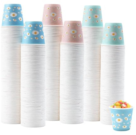 Tamone 600 Stück 85 ml Pappbecher, kleine Badezimmerbecher, Einwegbecher, Mini-Pappbecher, Gänseblümchen-Design, rosa Becher, blaue Becher, Mundspülbecher für Party, Picknick, Grillen, Reisen, Zuhause