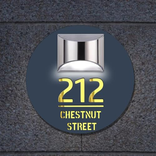 ALICESER Personalized House Numbers Plaques with Solar Light for Outside, Custom Laser Cut Door Name Address Numbers Street Outside Modern House Sign for Office Garden Yard Home (A-Round)