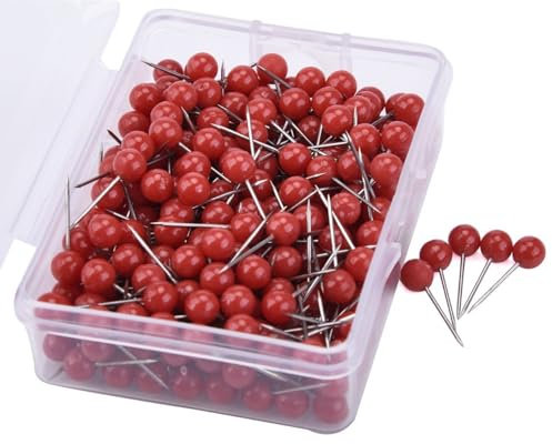 Hrlace 300pcs Karte Nagel 5mm Rundkopf Stecknadeln Buntkopf Pushpins Kunststoffkopf Pinnadeln Map Pins Markierungsnadeln Pinnwand Stecknadeln für Weltkarte, Cork Board, Stoffmarkierung Rot