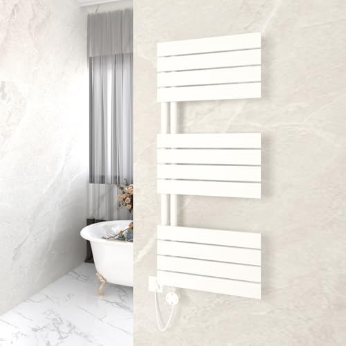 GY Bath Badheizkörper Elektrisch mit Thermostat 1200x500mm, Weiß Handtuchheizkörper Elektrisch Flach Design Handtuchtrockner Seitenanschluss mit Heizstab Timer Handtuchwärmer 800W