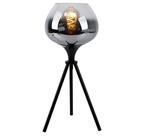 GLOBO Tischlampe schwarz Beistellleuchte Nachttischlampe Dreibein Leseleuchte Rauchglas, Metall, 1x E27 Fassung, DxH 24x45 cm