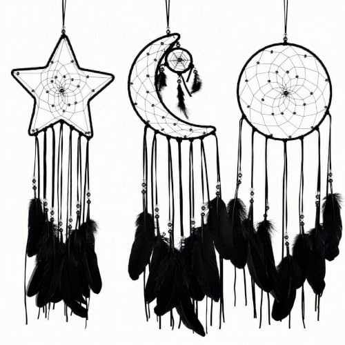 3PCS LOT Star Moon Sun Shape Dream Catcher, Black - Home Decoration & Baby Kids Room Accessory with Feather
