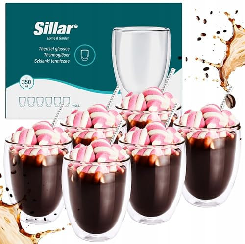 Sillar Bicchieri a Doppia Parete 350ml Tazze Caffe Vetro, Set di 6 Tazzine | Bicchieri Termici a Doppia Parete in Vetro Borosilicato Resistente al Calore | Tazzine Caffe per Tè Caffè Cappuccino