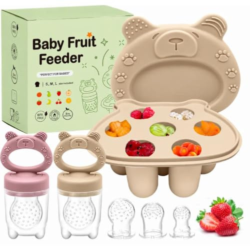 BebeCalin Baby Fruit Feeder Set, Enthält 2 Babynahrung Schnuller Feeder mit 3 Größe Nippel, Silikon Fruit Feeder für Babys, Baby Food Freezer Trays, Baby Fruit Feeder Schnuller & Aufbewahrungsbehälter