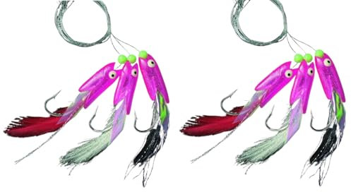 Set 2 Dorschvorfächer, Pilk-Vorfach von Jenzi, 3 Arme Gummifisch Leuchtend pink Norwegen fertig montiert Länge 120cm, Hakengröße 4/0, Schnurstärke 0,80/0,70mm + gratis Petri Heil! Aufkleber