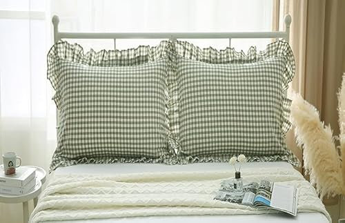 Karierte quadratische Kissenbezüge mit Rüschen, kariert, 45,7 x 45,7 cm, 2 Stück, Gingham-Kissenbezüge, Gewaschene Baumwolle, Reißverschluss, für Cottage-Bett/Sofa, Salbeigrün und Weiß, 45,7 x 45,7