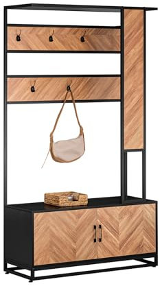SoBuy Garderobenständer Garderobe mit Sitzbank Schuhbank und Ablagen Eingangsmöbel mit Haken Schwarz und Natur BHT ca. 100x180x40cm FSR194-N