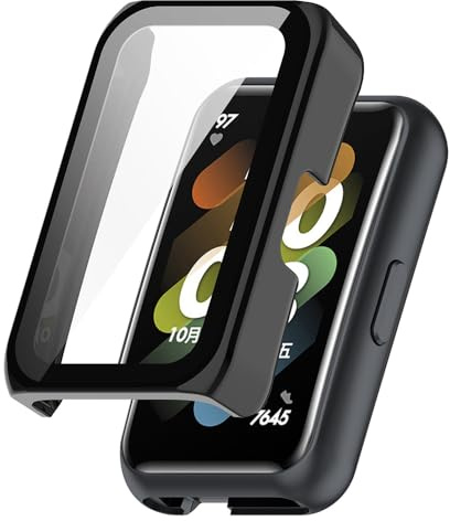 Schutzhülle für Huawei Band 7/Band 6 Hülle, Harter PC Case Cover mit Glas Schutzfolie Displayschutz, Anti-Kratz Anti-Staub Schutz Gehäuse für Honor Band 7/Band 6 (Black)