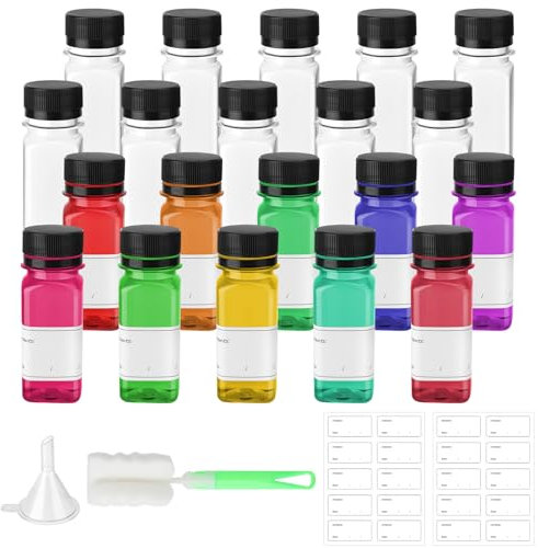 Xialvyu 20 Stück Kleine Shot Flaschen zum Befüllen,60ml Smoothie Flasche,Wiederverwendbare Plastikflaschen Mini Leere Saftflaschen mit Deckel Aufkleber Trichter Reinigungsbürste für Saft Milch Juicer