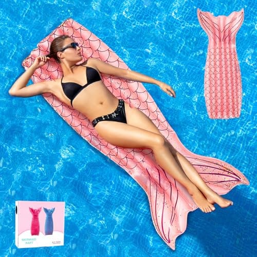 Dwafill Pool Aufblasbares Bett in Meerjungfrau Schwanzform Sommer Pool Spielzeug Tragbar Große Aufblasbare Bräunung Pool Freien Schwimmende Flöße (Pink)