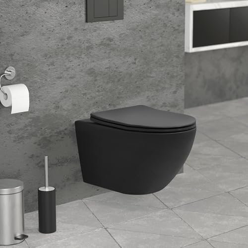 LuxeBath Inodoro Suspendido de Pared sin Descarga Diseño Cerámica Negro Mate WC con Asiento Extraíble de Duroplast Sanitario con Cierre Suave Lavado de Proyección Extendida de Fondo Profundo 52 cm