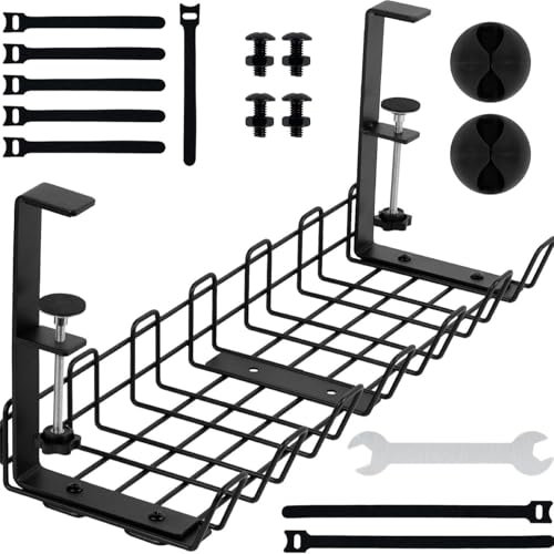 Under Desk Cable Management Tray - No Drilling, Tools-Free, Adjustable Iron Organizer, Modern Minimalist Style for Home Office