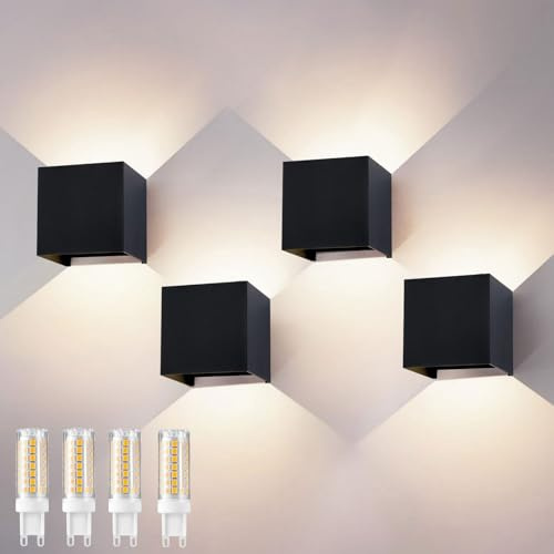Wandleuchte Innen Außen IP65 4er Set, Moderne Schwarz Wandlampe mit Auf- & Abwärtslicht, 9W 4000K Neutralweiß, 0-120° Stufenlos Verstellbar, G9 LED mit Wechselbirnen, für Flur Bad Schlafzimmer