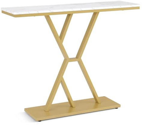 BarberPub Console étroite, Table d'entrée Bois Structure métallique, Bureau d'entrée à 2 Niveaux, desserte pour Hall, Salon, Vestibule, entrée, Foyer, marbre-Blanc-doré, 30x100x80cm, 2237